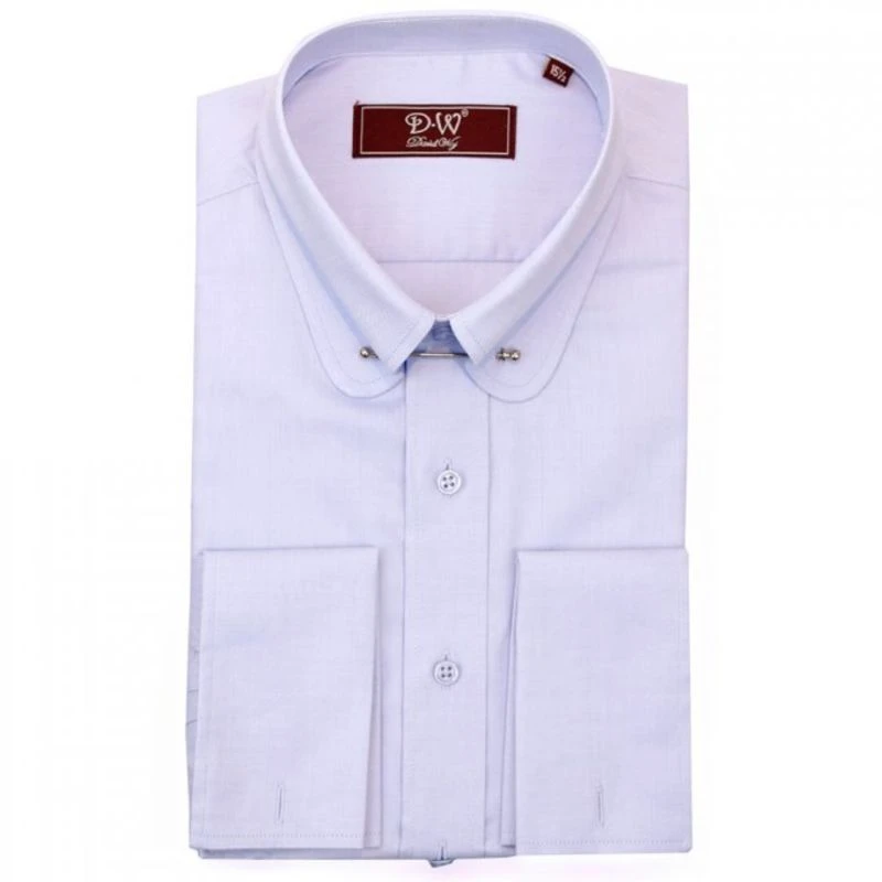 Pin Collar Double Cuff Fine Herringbone Shirt – Mid Blue