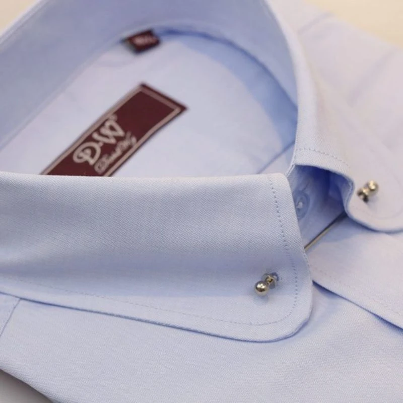 Pin Collar Double Cuff Fine Herringbone Shirt – Mid Blue - Image 3
