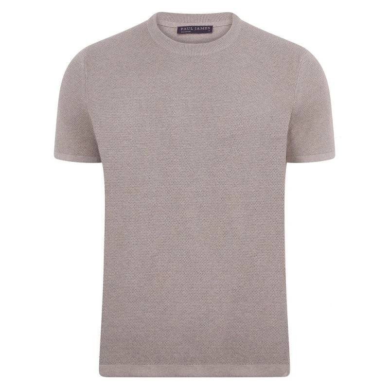 Mens Heavyweight Rossi Cotton Knitted Textured T-Shirt - Fawn