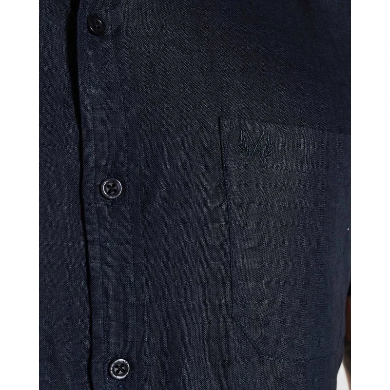 Short Sleeve Linen Shirt In Navy - Image 6