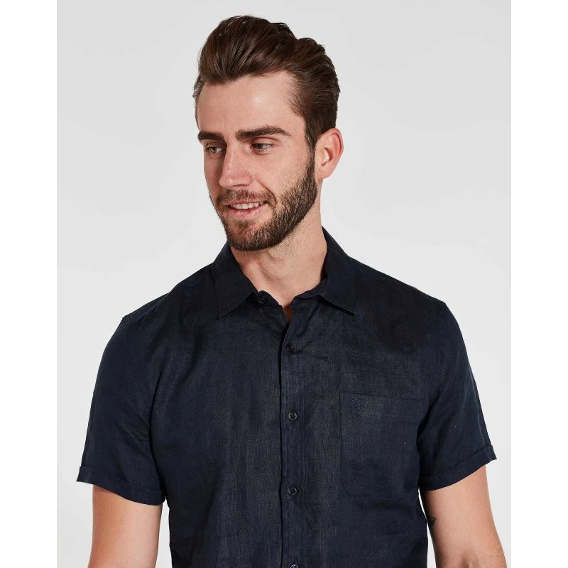 Short Sleeve Linen Shirt In Navy - Image 7