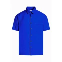Short Sleeved Front Pocket Linen Shirt - Lapis